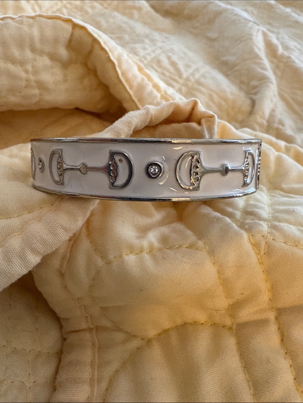 White Enamel Silver-Trim Bangle Bracelet with Crystal Accents